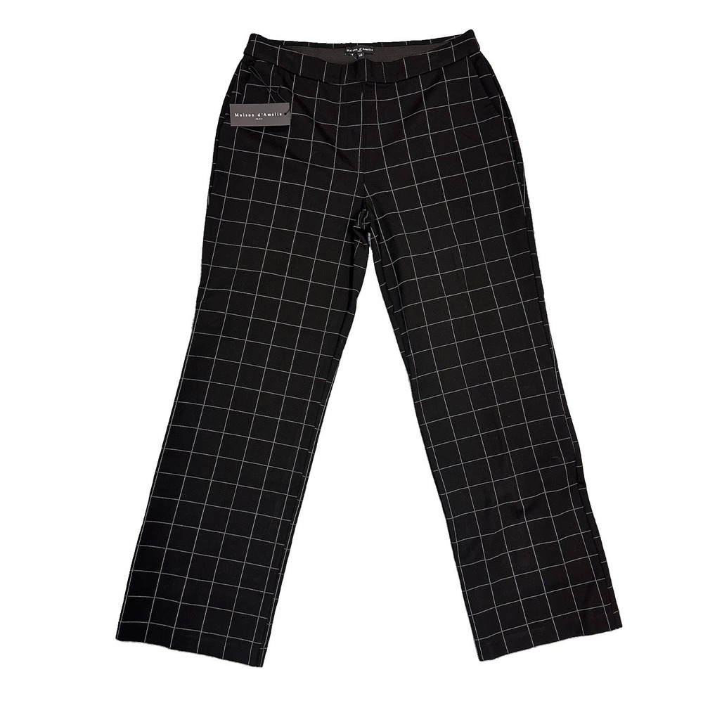 Maison d'Amelie Women Pants Large Career Stretch Pull On Black Plaid Wide Leg